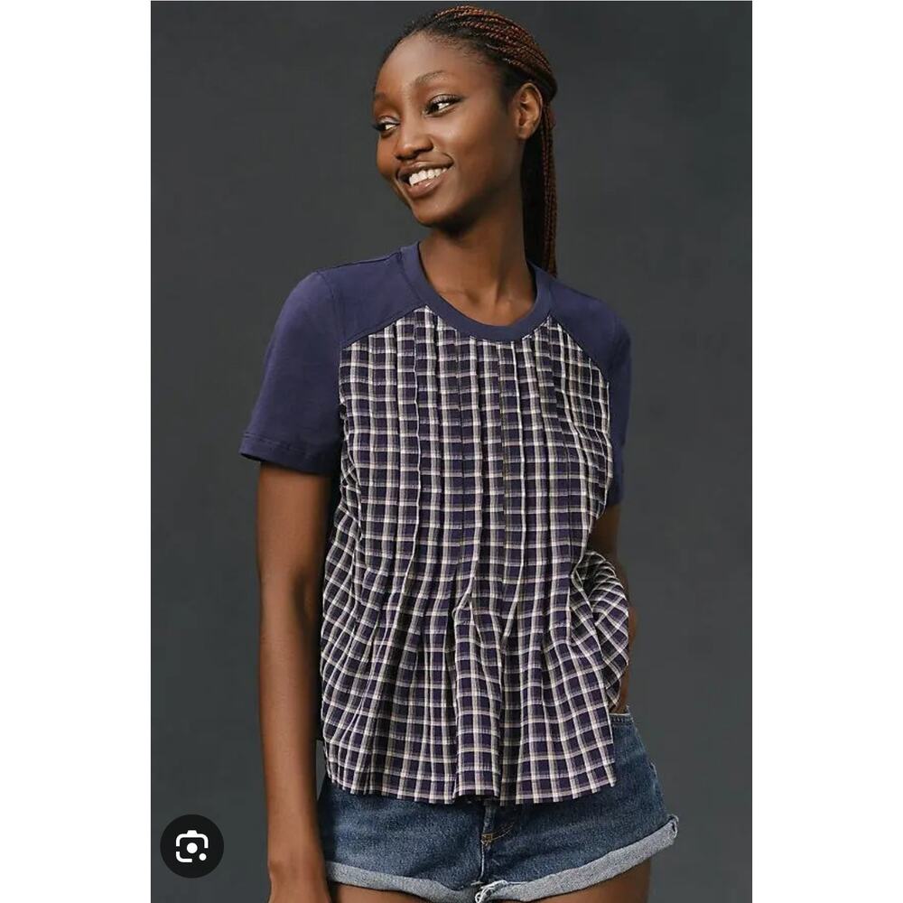 Anthropologie Porridge Womens Navy Blue Plaid Pleated Top Large